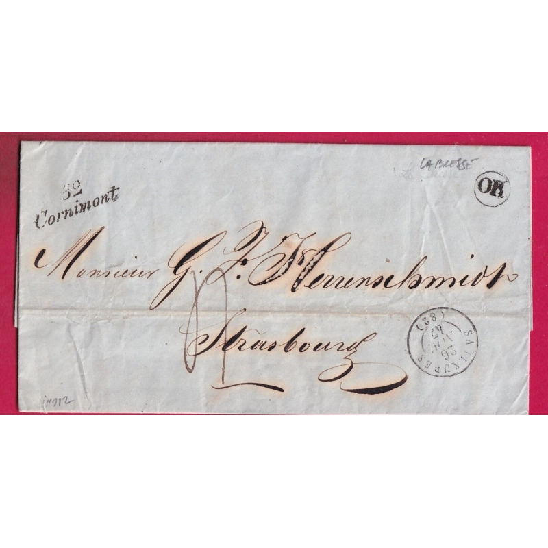 CURSIVE 82 CORMIMONT VOSGES CAD  TYPE 15 SAULXURE 1847 OR LA BRESSE POUR STRASBOURG LETTRE