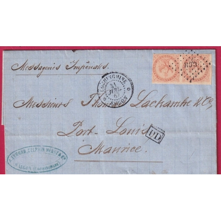 AIGLE PAIRE 40C LLOSANGE CCN COCHINCHINE SAIGON 1867 POUR PORT LOUIS ILE MAURICE MAURTITIUS LETTRE