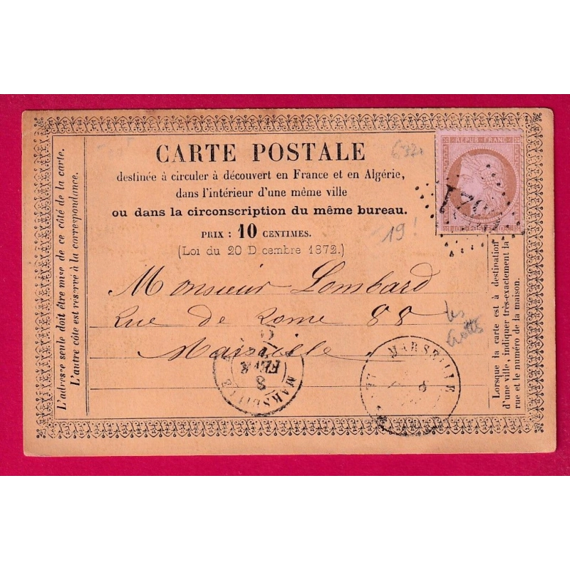 N°58 GC 6321 MARSEILLE LES CROTTES POUR MARSEILLE INDICE 19 CARTE PRECURSEUR LETTRE