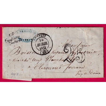 CURSIVE 69 CONFLANS SUR LANTERNE HAUTE SAONE CAD TYPE 14 LUXEUIL POUR CLERMONT FERRAND 1851 LETTRE