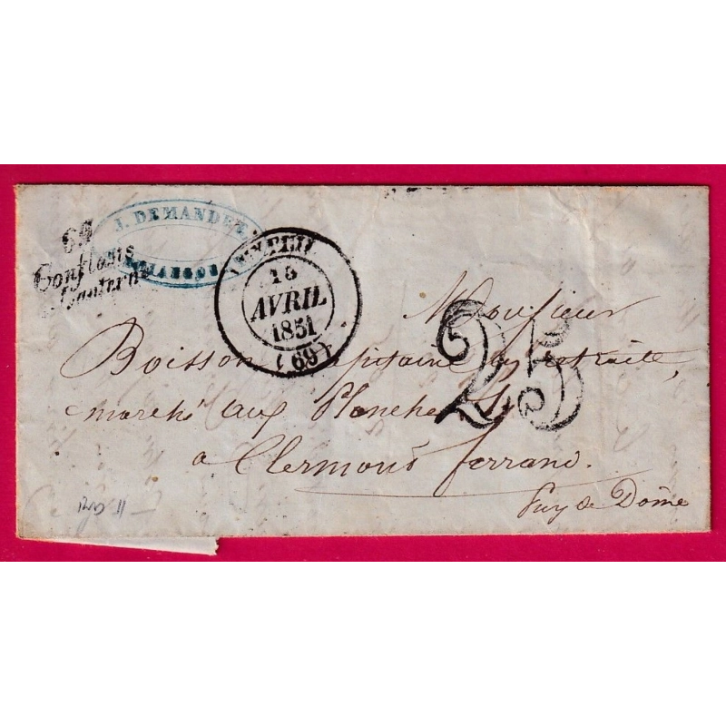 CURSIVE 69 CONFLANS SUR LANTERNE HAUTE SAONE CAD TYPE 14 LUXEUIL POUR CLERMONT FERRAND 1851 LETTRE
