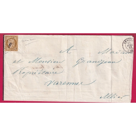 N°1 BISRE BRUN PC 1083 DECIZE NIEVRE POUR VARENNES ALLIER 1852 LETTRE