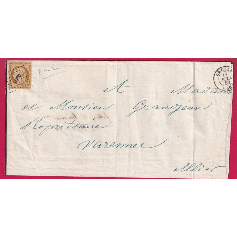 N°1 BISRE BRUN PC 1083 DECIZE NIEVRE POUR VARENNES ALLIER 1852 LETTRE