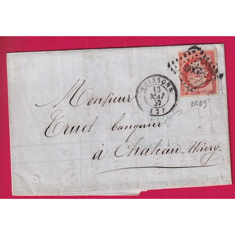 N°16 PC 2909 SOISSONS AISNE POUR CHATEAU THIERRY 1857 LETTRE