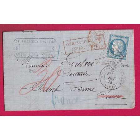 N°60 GC 3602 STE FOY LA GRANDE GIRONDE TAXE SUISSE 30 FAUSSE DIRECTION POUR ST FERME GIRONDE REEXPEDIEE LETTRE