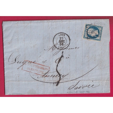 N°14 PC 1818 LYON A 68 A POUR ANNECY HAUTE SAVOIE TAXE SARDE 5 AVEC ERGOT 1856 ETATS SARDES LETTRE