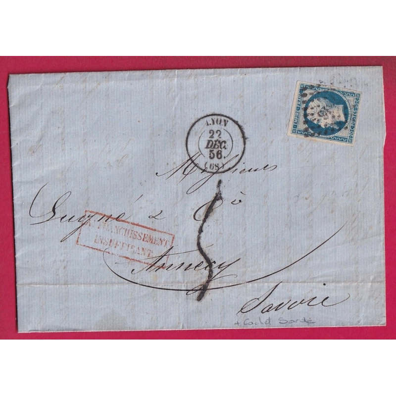 N°14 PC 1818 LYON A 68 A POUR ANNECY HAUTE SAVOIE TAXE SARDE 5 AVEC ERGOT 1856 ETATS SARDES LETTRE