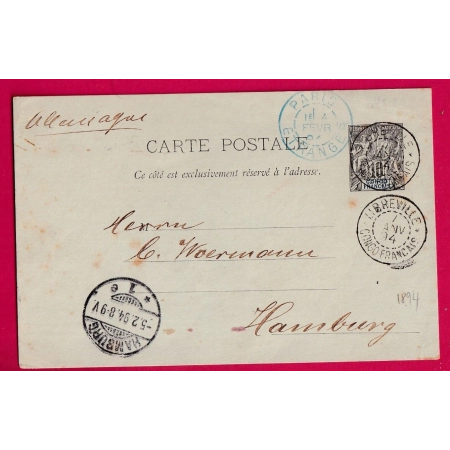 ENTIER 10C GROUPE LIBREVILLE CONGO FRANCAIS 1894 POUR HAMBOURG ALLEMAGNE LETTRE