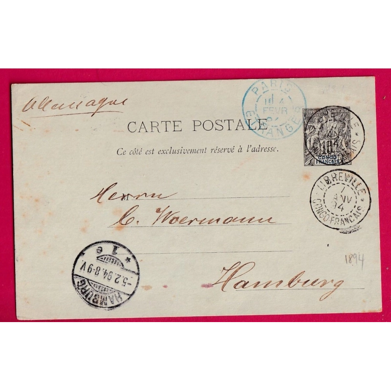 ENTIER 10C GROUPE LIBREVILLE CONGO FRANCAIS 1894 POUR HAMBOURG ALLEMAGNE LETTRE