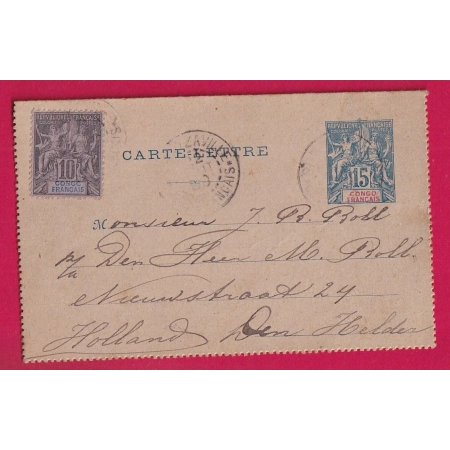 ENTIER 15C + 10C BRAZAVILLE CONGO FRANCAIS 1899 POUR HELDER PAYS BAS HOLLANDE LETTRE