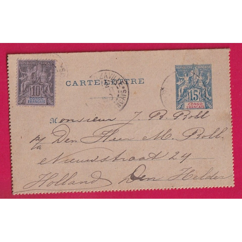 ENTIER 15C + 10C BRAZAVILLE CONGO FRANCAIS 1899 POUR HELDER PAYS BAS HOLLANDE LETTRE
