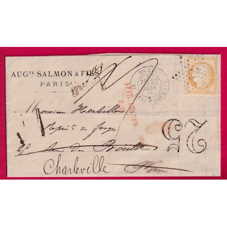 N°55 PARIS ETOILE 12 BT BEAUMARCHAIS POUR PARIS REEXPEDIE CHARLEVILLE ARDENNES TAXE 25 + GRIFFE AFFR INS P11 LETTRE