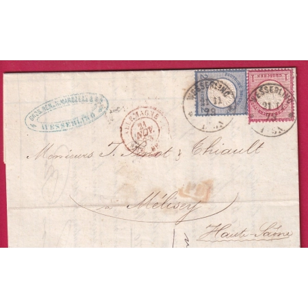 ALSACE LORRAINE WESSERLING HAUT RHIN 1873 POUR MELISEY HAUTE SAONE BUREAU PASSE VESOUL BELLE FACTURE LETTRE