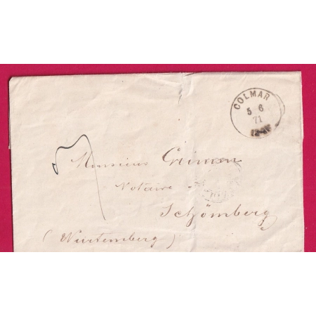 ALSACE LORRAINE LETTRE TAXE LANUSCRIT 4 COLMAR HAUT RHIN POUR SCHOMBERG ALLEMAGNE WURTEMBERG 1871 LETTRE