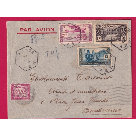 CONGO FRANCAIS CACHET HEXAGONAL PK 102 AEF 1938 TAXE DUVAL 3FR POUR BORDEAUX LETTRE