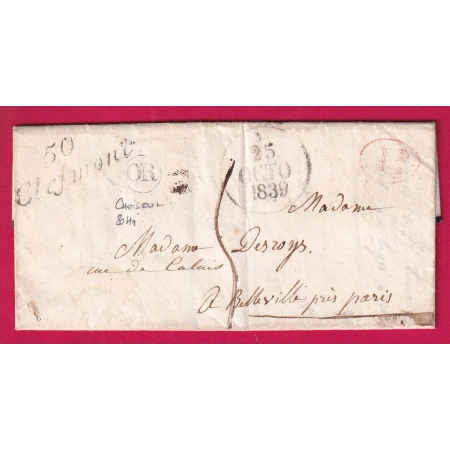 CURSIVE 50 CLEFMONT HAUTE MARNE OR DE CHOISEUL + DECIME RURAL POUR BELLEVILLE SEINE 1839 LETTRE