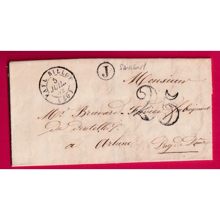 CAD TYPE 15 FAYL BILLOT HAUTE MARNE BOITE RURALE J SAVIGNY 1852 POUR ARLANC PUY DE DOME LETTRE