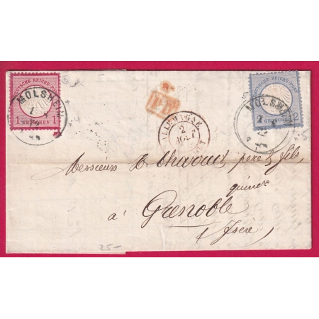 ALSACE LORRAINE MOLSHEIM BAS RHIN 1872 POUR GRENOBLE ISERE BUREAU PASSE DIJONLETTRE