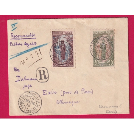 BRAZAVILLE CONGO FRANCAIS RECOMMANDE EXPRESS 1913 POUR EXIN ALLEMAGNE LETTRE
