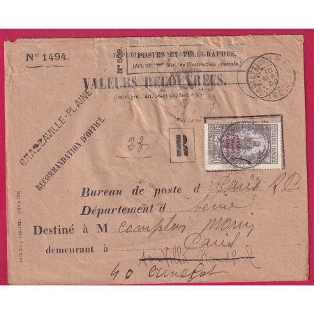 BRAZAVILLE PLAINE CONGO FRANCAIS 1928 VALEUR A RECOUVRER RECOMMANDE D'OFFICE POUR PARIS LETTRE