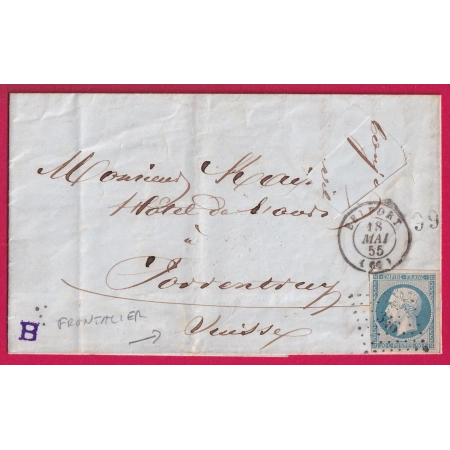 TARIF FRONTALIER N°14 BLEU LAITEUX PC BELFORT HAUT RHIN POUR PORRENTRUY SUISSE 1855 LETTRE