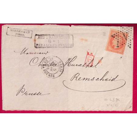 N°31 PARIS ETOILE 1 MARQUE ENTREE AUS FRANKREICH PER AACHEN FRANCON POUR REMSCHID AIX LA CHAPELLE 1870 LETTRE