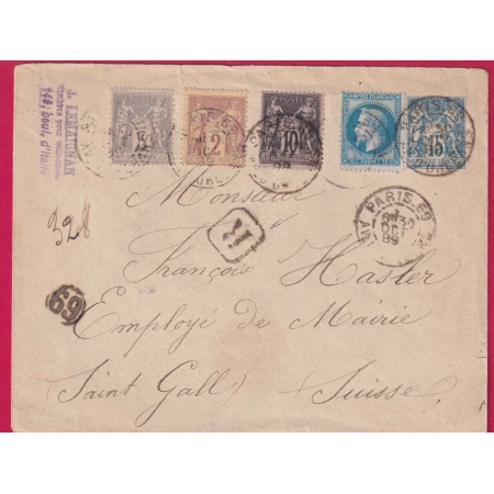 ENTIER 15C SAGE + N°29 85 87 89 PARIS AV D'ORLEANS 1889 POUR SAINT GALL SUISSE LETTRE