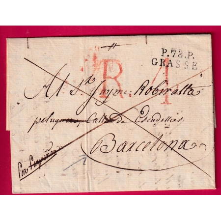 MARQUE P78P GRASSE VAR ALPES MARITIMES POUR BARCELONE ESPAGNE1819 LETTRE