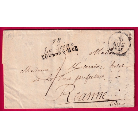 DOUBLE CURSIVE 78 LA SEINE TOULON SUR MER VAR 1828 POUR ROANNE LOIRE INDICE 17 LETTRE