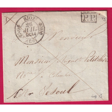 CAD TYPE 11 RIOZ HAUTE SAONE 1834 + PP POUR COLOMNIER VESOUL TAXE 2/3 AU DOS ?? LETTRE
