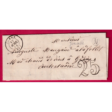 CAD TYPE 15 CORRE HAUTE SAONE 1854 BOITE RURALE M JONVELLE POUR GRAY LETTRE