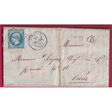 N°14 PC PC 864 CINTREY BOITE RURALE D OUGE POUR PARIS 1862 LETTRE