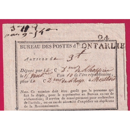 ARTICLE ARGENT MARQUE 24 PONTARLIER DOUBS AN 10 1802 POUR MONTBARD COTE D'OR LETTRE