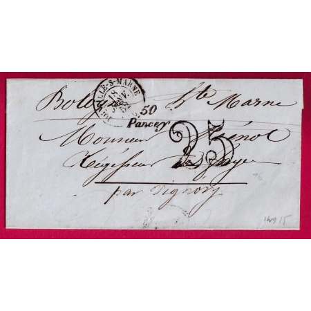 CURSIVE 50 PANCEY HAUTE MARNE DECIME RURAL 1852 CAD TYPE 15 JOINVILLE SUR MARNE POUR VIGNORY INDICE 16 LETTRE