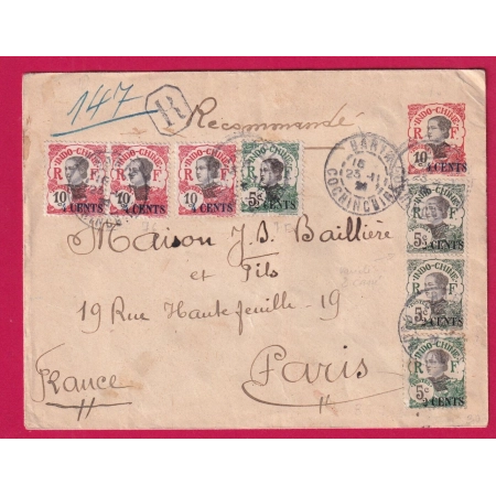 ENTIER SURCHARGE4 SUR 10 CENTS BARIA COCHINCHINE + COMPLEMENT POUR PARIS 1921 LETTRE