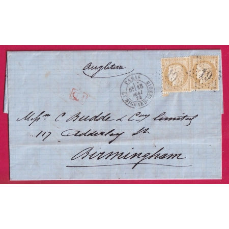 N°59 X2 PARIS ETOILE 19 BT RICHARD LENOIR POUR BIRMINGHAM ANGLETERRE 1874 LETTRE