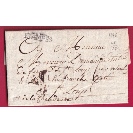 MARQUE ETAMPES D'ESTAMPES SEINE ET OISE 1776 LENAIN N°3 INDICE 15 POUR ST LOUP HAUTE SAONE LETTRE