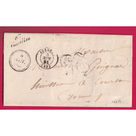 CURSIVE 83 VINCELLES YONNE DATEUR B 1851 CAD TYPE 15 AUXERRE POUR COURSON INDICE 14 LETTRE