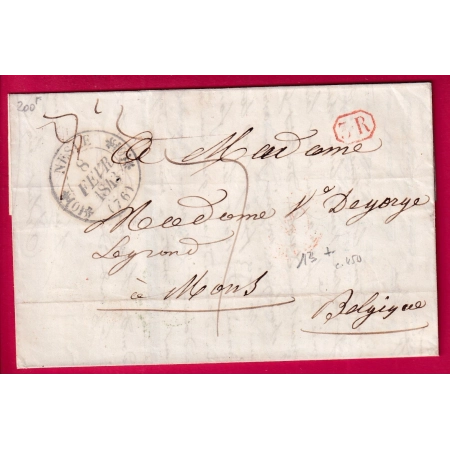 CAD TYPE 11 NESLE SOMME POUR MONS BELGIQUE 1843 MARQUE 3R VIA ST QUENTIN AISNE LETTRE