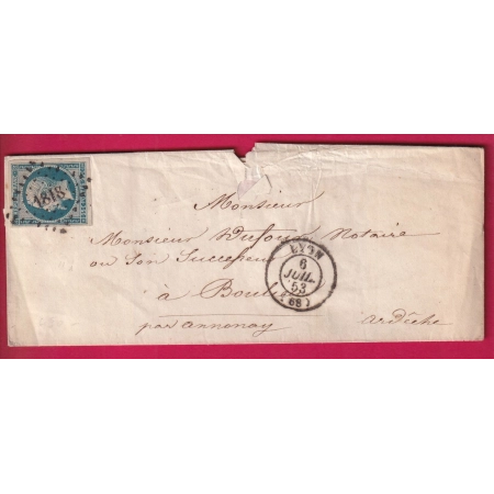 N°10 PC 1818 LYON RHONE POUR ANNONAY ARDEHE 1853 LETTRE