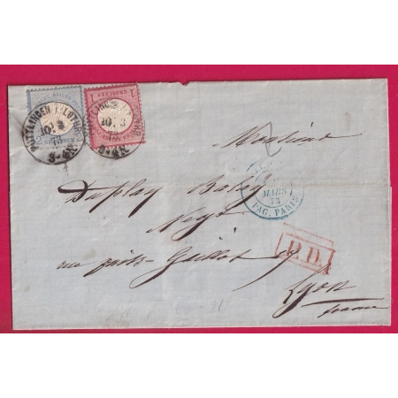 ALSACE LORRAINE PUTTLINGEN PUTTELANGE MOSELLE 1873 POUR LYON RHONE ETIQUETTE PUB AU DOS LETTRE