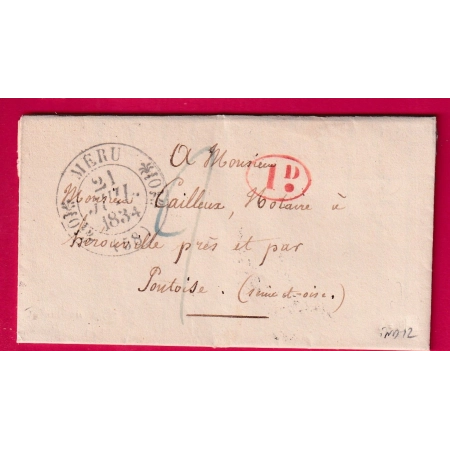 CAD TYPE 11 MERU OISE 1834 DECIME RURAL POUR PONTOISE SEINE ET OISE INDICE 12 LETTRE