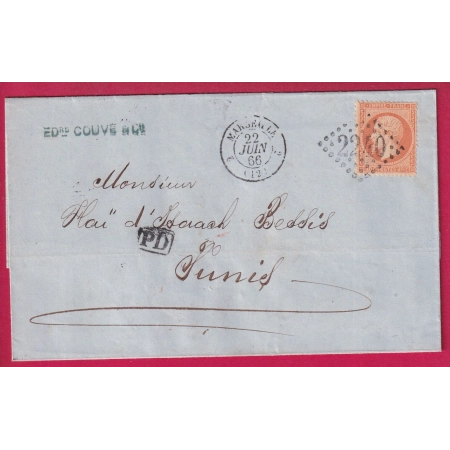 N°23 MARSEILLE 2 12 2 GC 2240 POUR TUNIS TUNISIE VIA BONE 1866 LETTRE