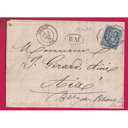 N°90 CAD COGOLIN VAR 1879 BM BOITE MOBILE DE ST TROPEZ POUR AIX EN PROVENCE LETTRE