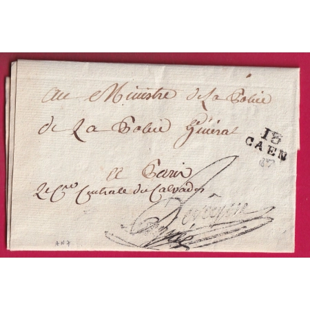FRANCHISE COMMISSAIRE DE DIRECTOIRE DU CALVADOS LEVEQUE CAEN AN 7 POUR PARIS LETTRE