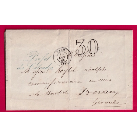 FRANCHISE LE PREFET DU CALVADOS CAEN 1866 POUR BORDEAUX LA BASTIDE LETTRE