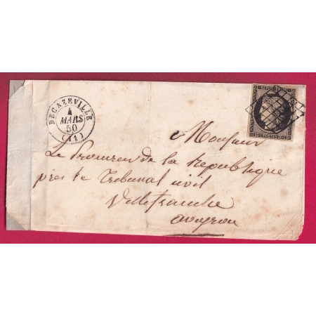 N°3 GRILLE DECAZEVILLE AVEYRON 1850 POUR VILLEFRANCHE DE ROUEGUE DEVANT DE LETTRE AVEC RABATS PARTIELS LETTRE