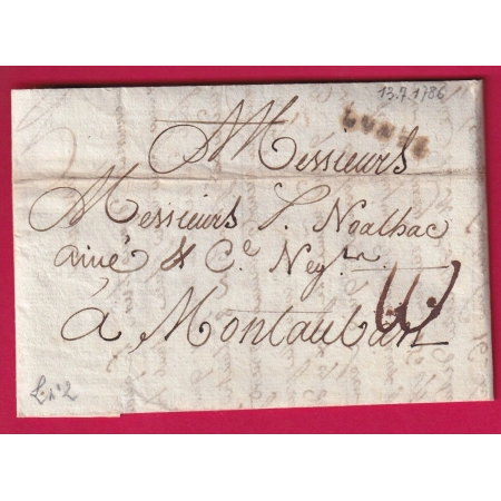 MARQUE LUNEL HERAULT 1786 LENAIN N°2 INDICE 12 POUR MONTAUBAN TARN ET GARONNE LETTRE