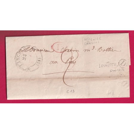 CAD TYPE 13 LANGEAC HAUTE LOIRE BOITE RURALE D LAVOUTE CHILHAC POUR LE PUY 1837 DECIME RURAL LETTRE