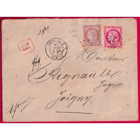 N°57 58 LOSANGE 24 PARIS R DE CLERY POUR JOIGNY YONNE RECOMMANDE DOUBLE PORT POIDS 16 GRAMMES LETTRE